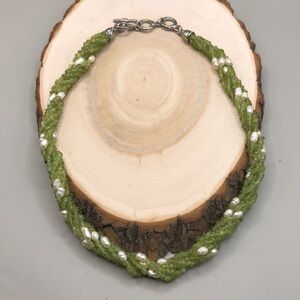 Vintage peridot and freshwater pearls woven boho style statement necklace.